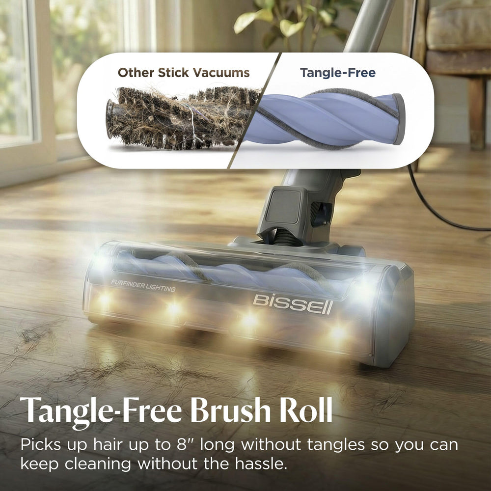 Bissell PowerClean tangle-free brush roll close-up preventing hair wrap for faster cleaning