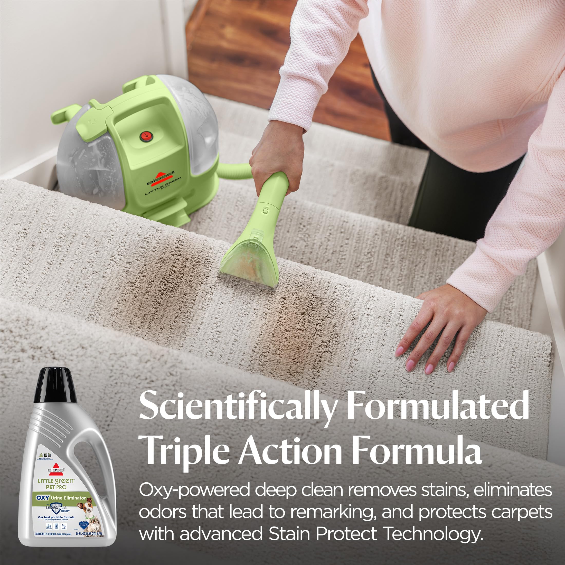 Bissell cleaning upholstery while a pet nearby highlighting safe use benefit