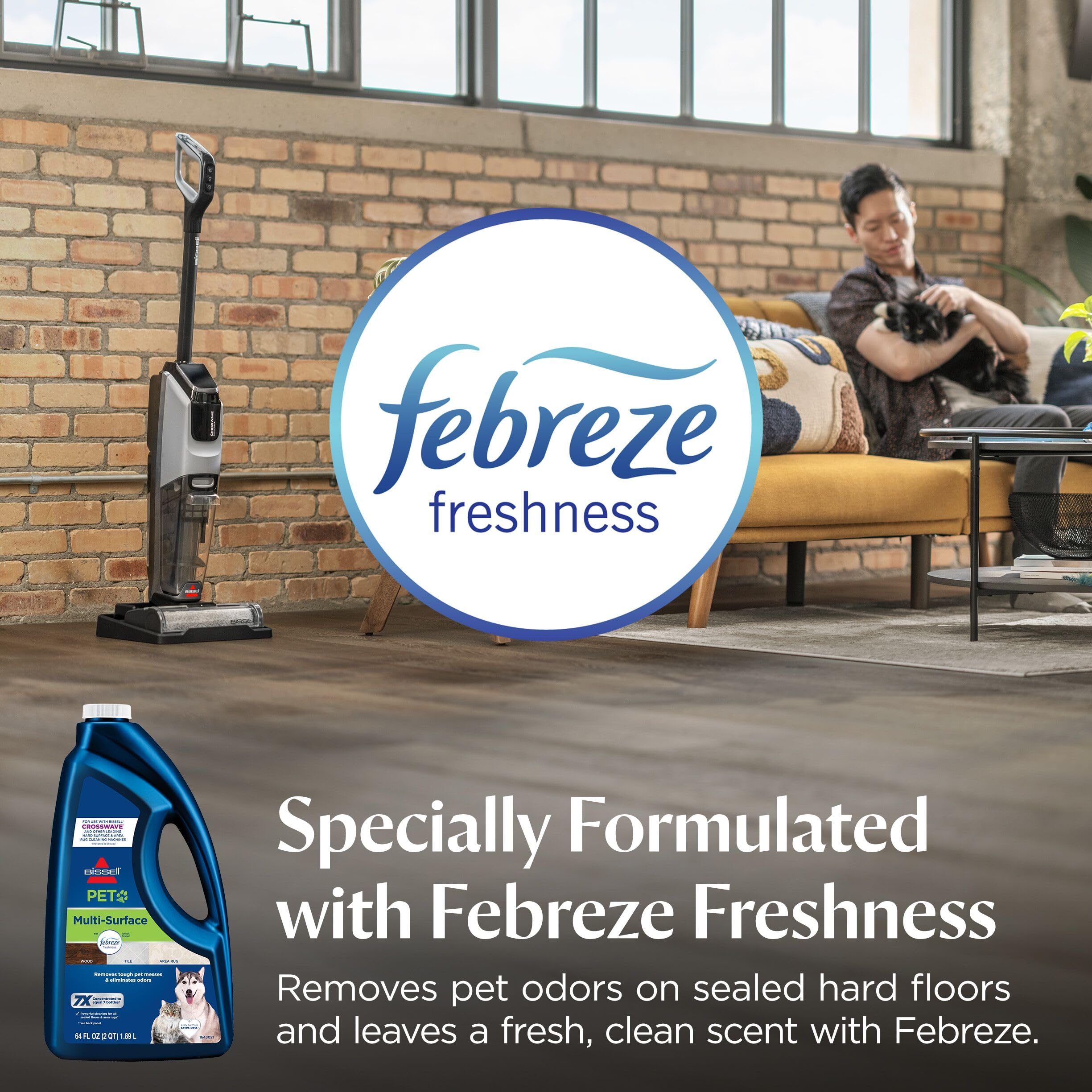 Bissell cleaning solution on sealed hard floor showing fast soil and stain removal