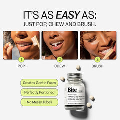 Bite toothpaste paste on toothbrush showing gentle clean and whitening effect