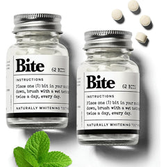 Bite front packaging showing two bottles and 124 tabs for travel convenience