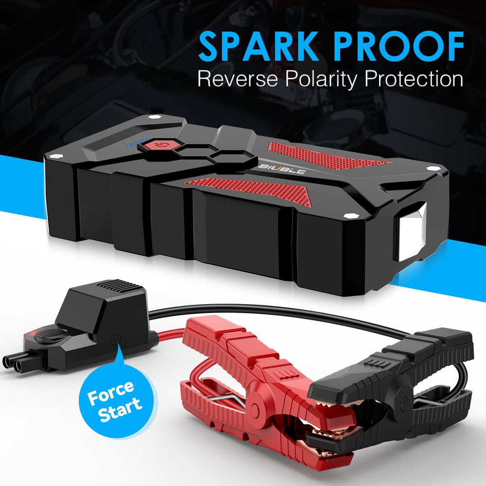 BIUBLE jump starter connected to car battery to show reliable vehicle starting assistance