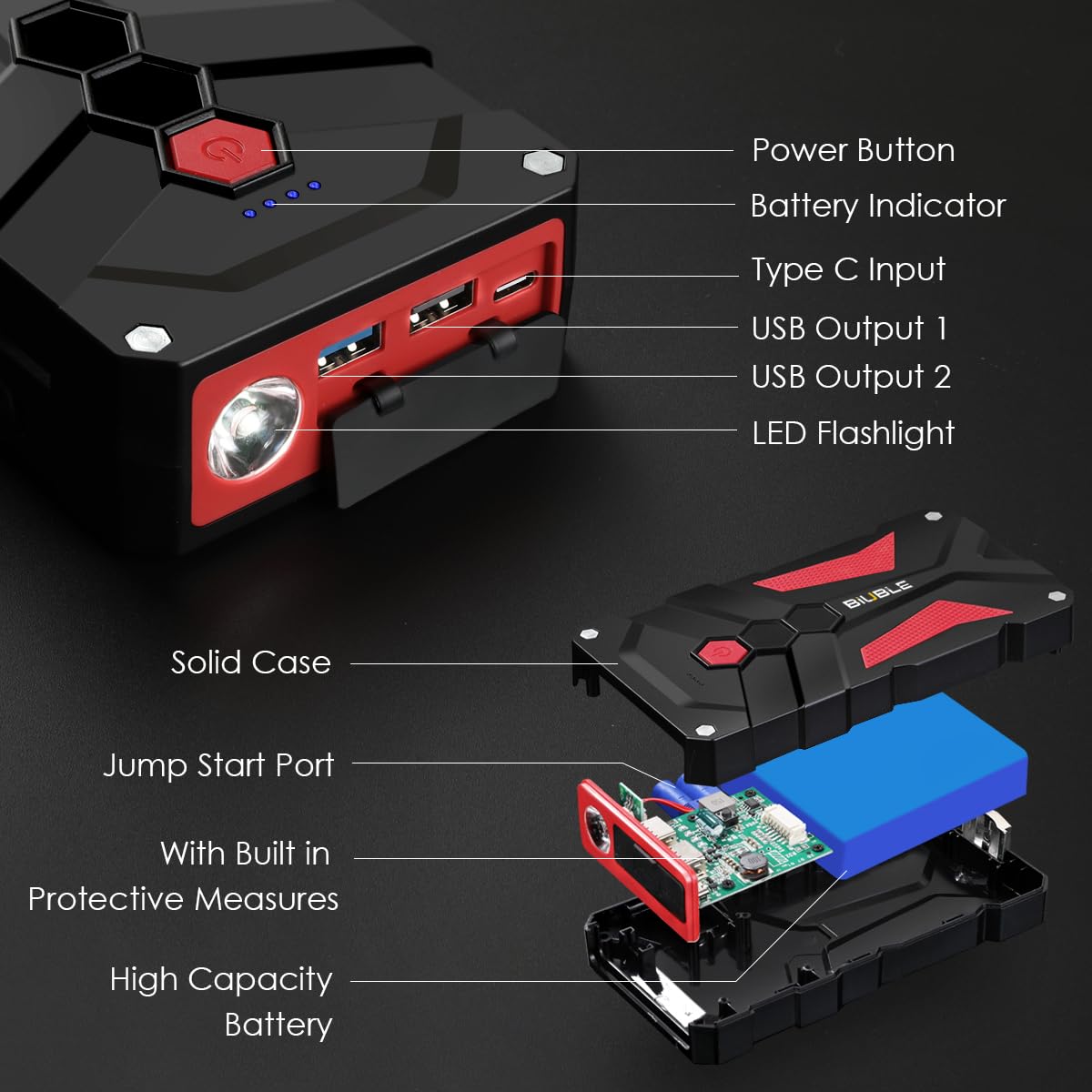 BIUBLE jump starter with included cables and case illustrating portable scale and kit contents