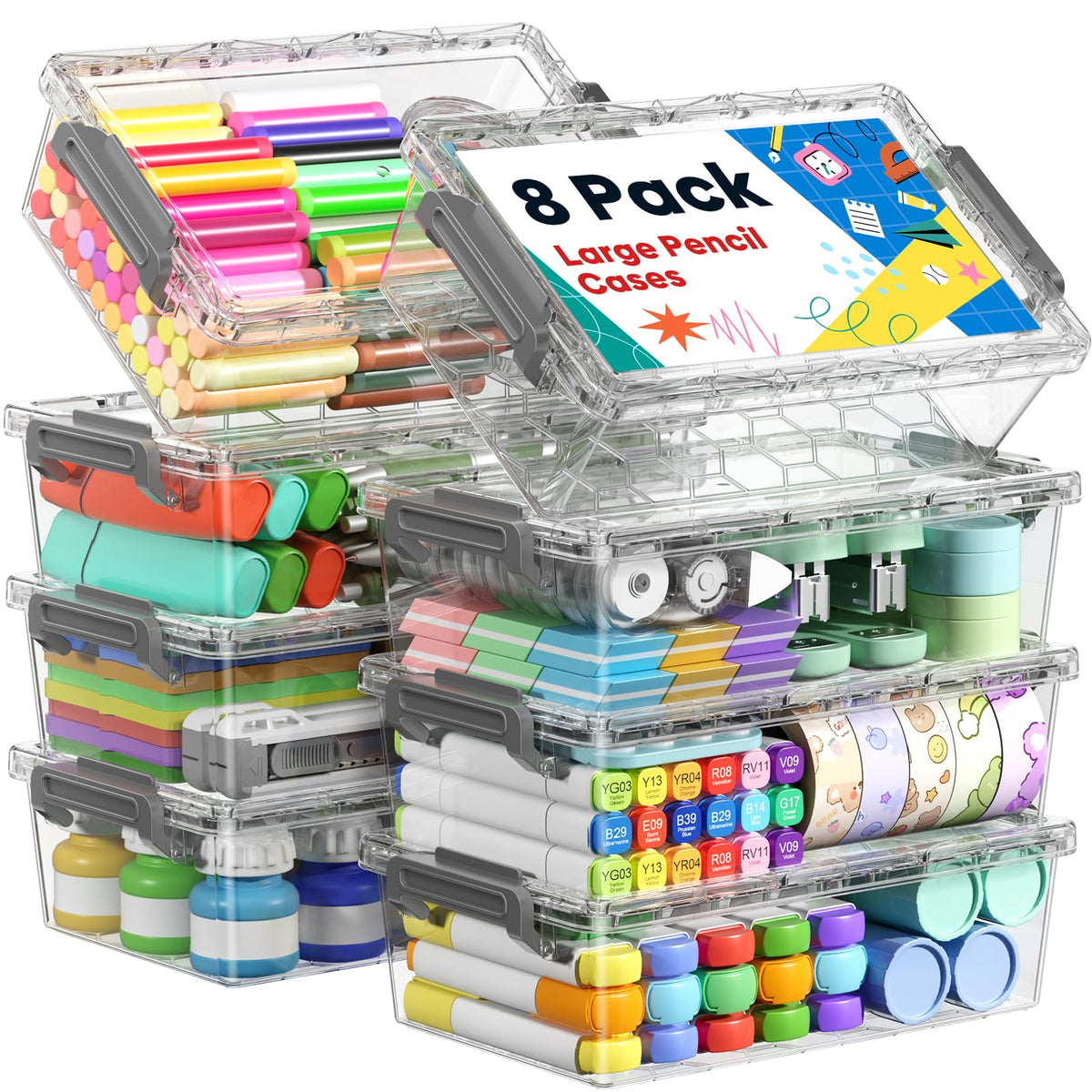 BiuLeon front view of eight clear pencil boxes showing pack contents and transparent benefit