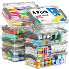 BiuLeon front view of eight clear pencil boxes showing pack contents and transparent benefit