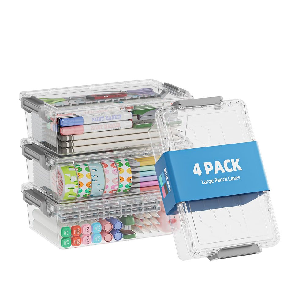 BiuLeon front view of four clear pencil boxes showing organized supplies and quick selection