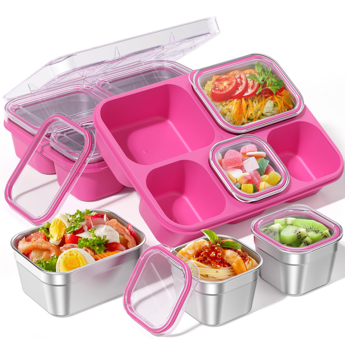 BiuLeon front view of pink Snackle Box showing five compartments and lid benefit portability