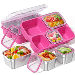 BiuLeon front view of pink Snackle Box showing five compartments and lid benefit portability