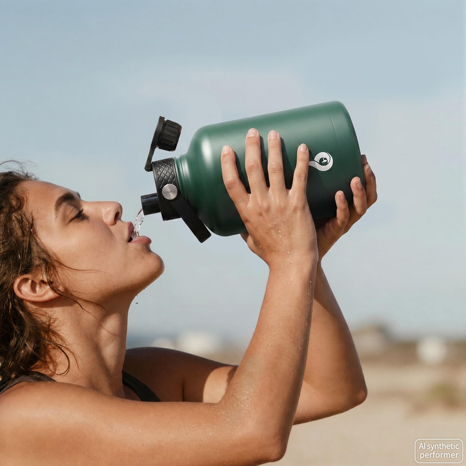 BJPKPK bottle next to backpack demonstrating half-gallon scale and all-day capacity