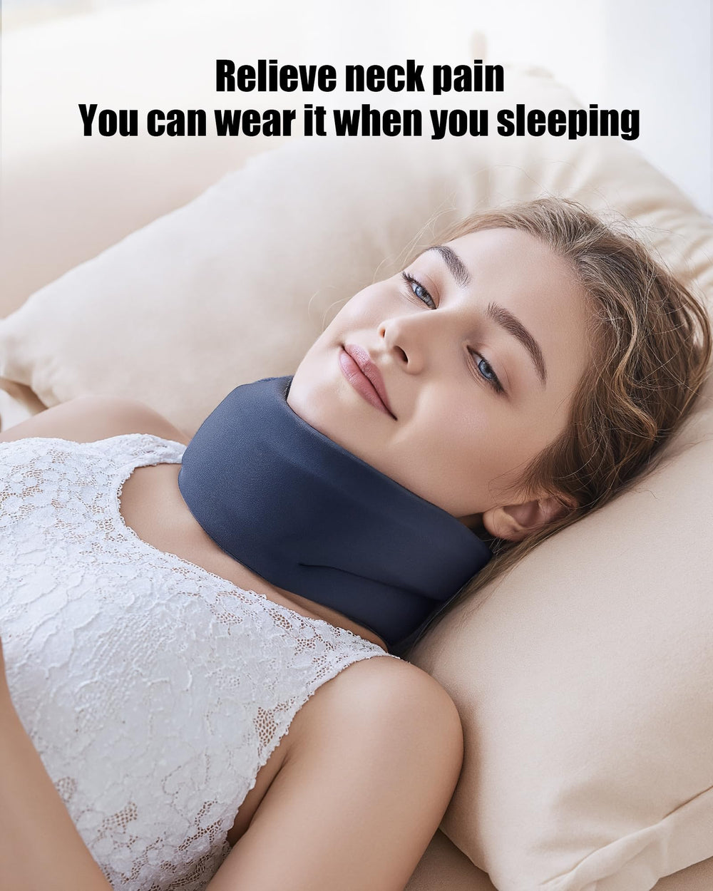 BLABOK neck brace worn in office demonstrating posture support during work
