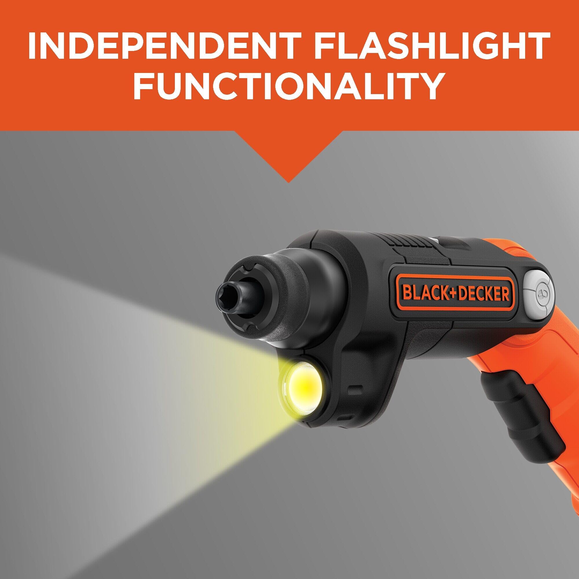 BLACK+DECKER flashlight beam lighting a dark shelf, benefit of visibility when fastening