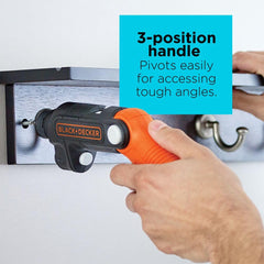BLACK+DECKER two bits and charger displayed with tool, benefit of ready-to-use kit