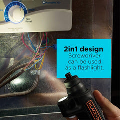 BLACK+DECKER screwdriver with pivoting handle in angled position for access to tight spots