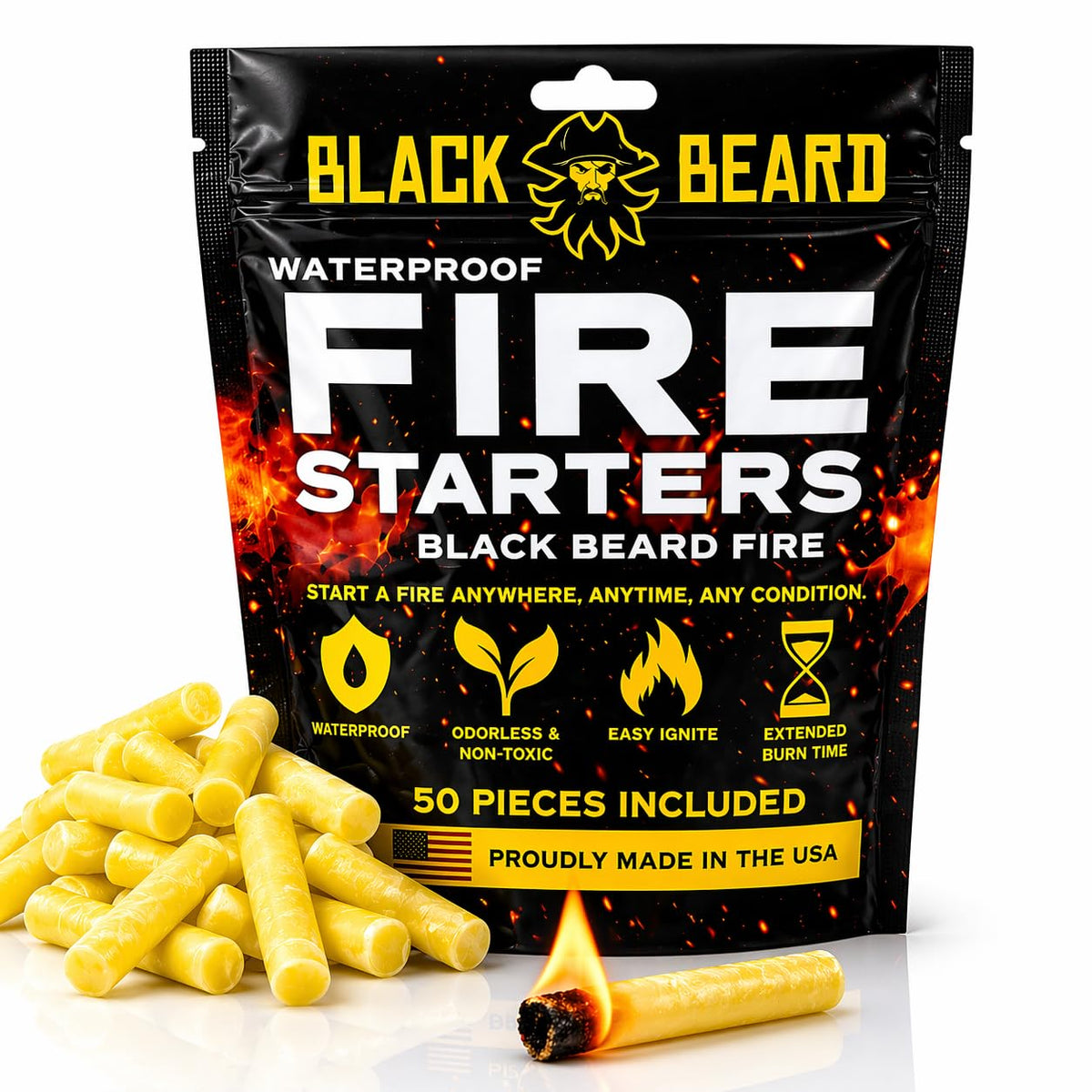 Black Beard Fire Plugs front packaging showing 50-pack and weatherproof benefit