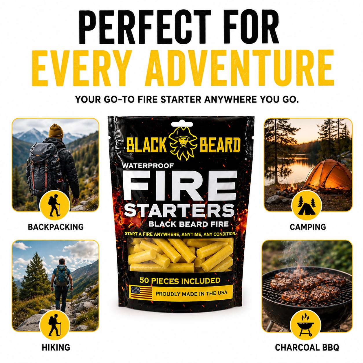 Black Beard Fire Plugs ignited in campfire demonstrating quick, steady flame