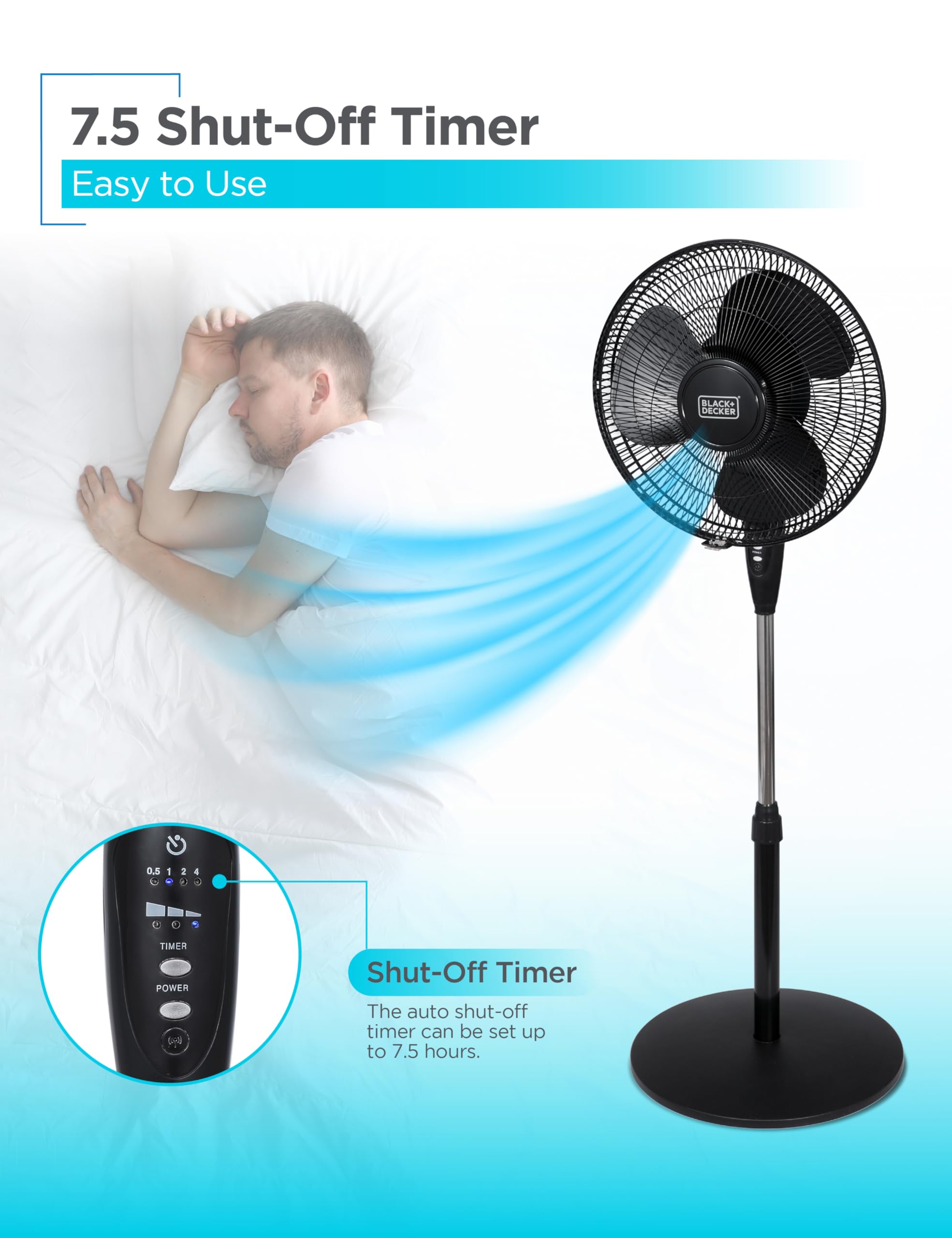 BLACK+DECKER fan in bedroom lifestyle scene showing quiet cooling benefit