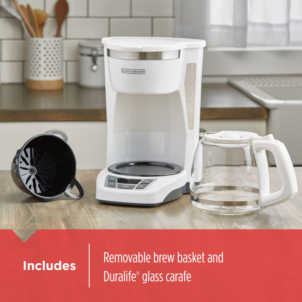BLACK+DECKER coffeemaker in kitchen scene offering fast, scheduled coffee convenience