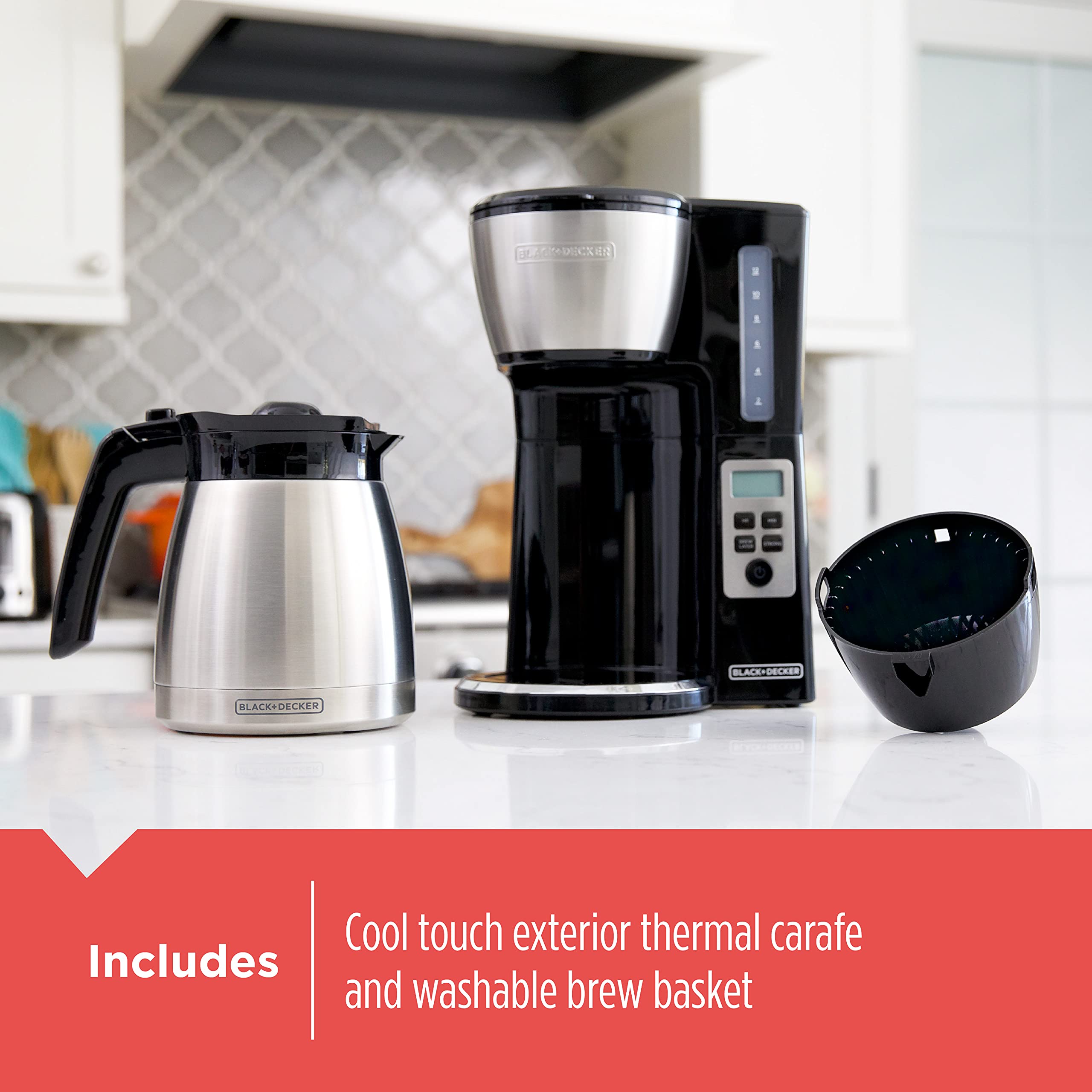 BLACK+DECKER removable filter basket shown for simple cleanup and grounds disposal
