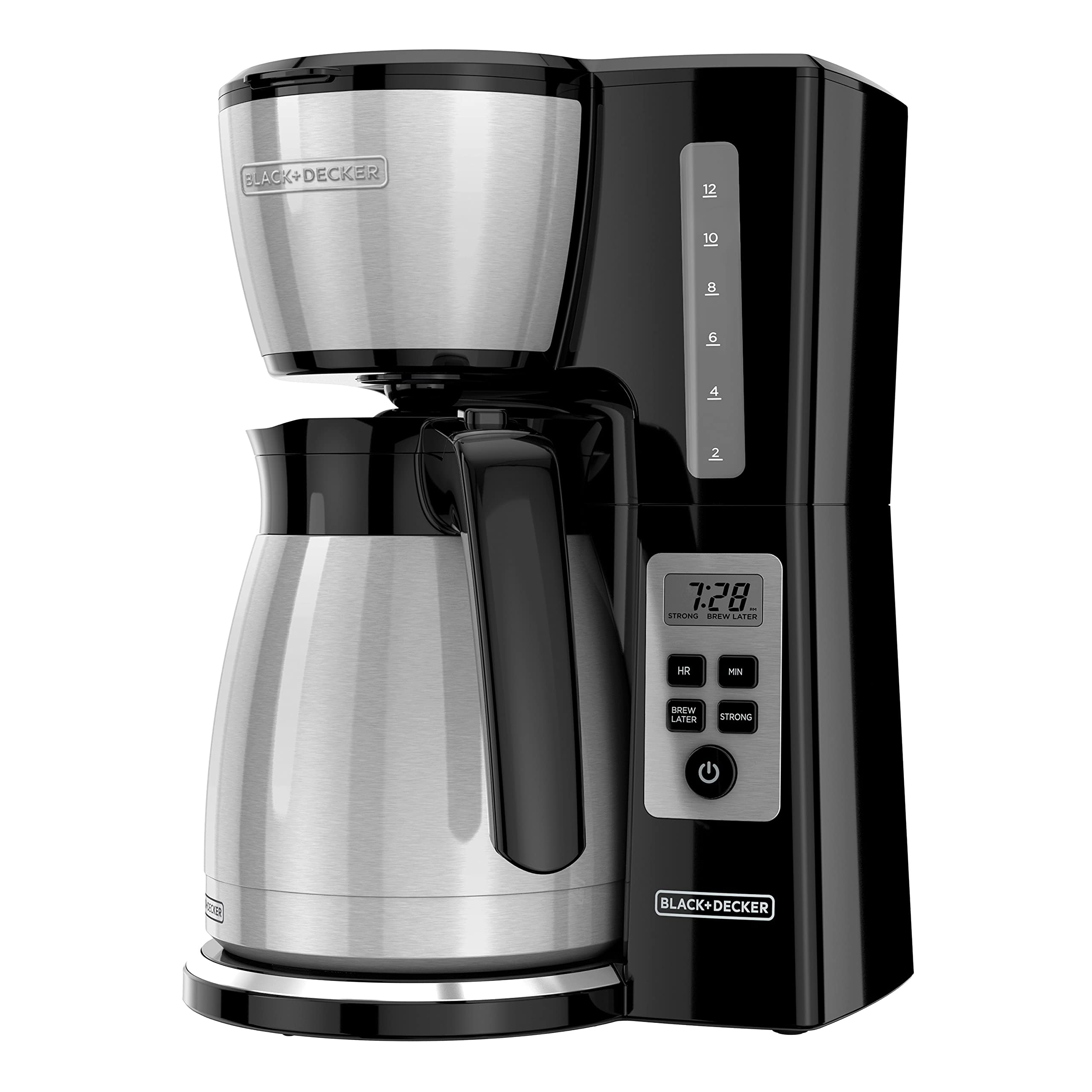 BLACK+DECKER front view of coffee maker—compact design for countertop convenience