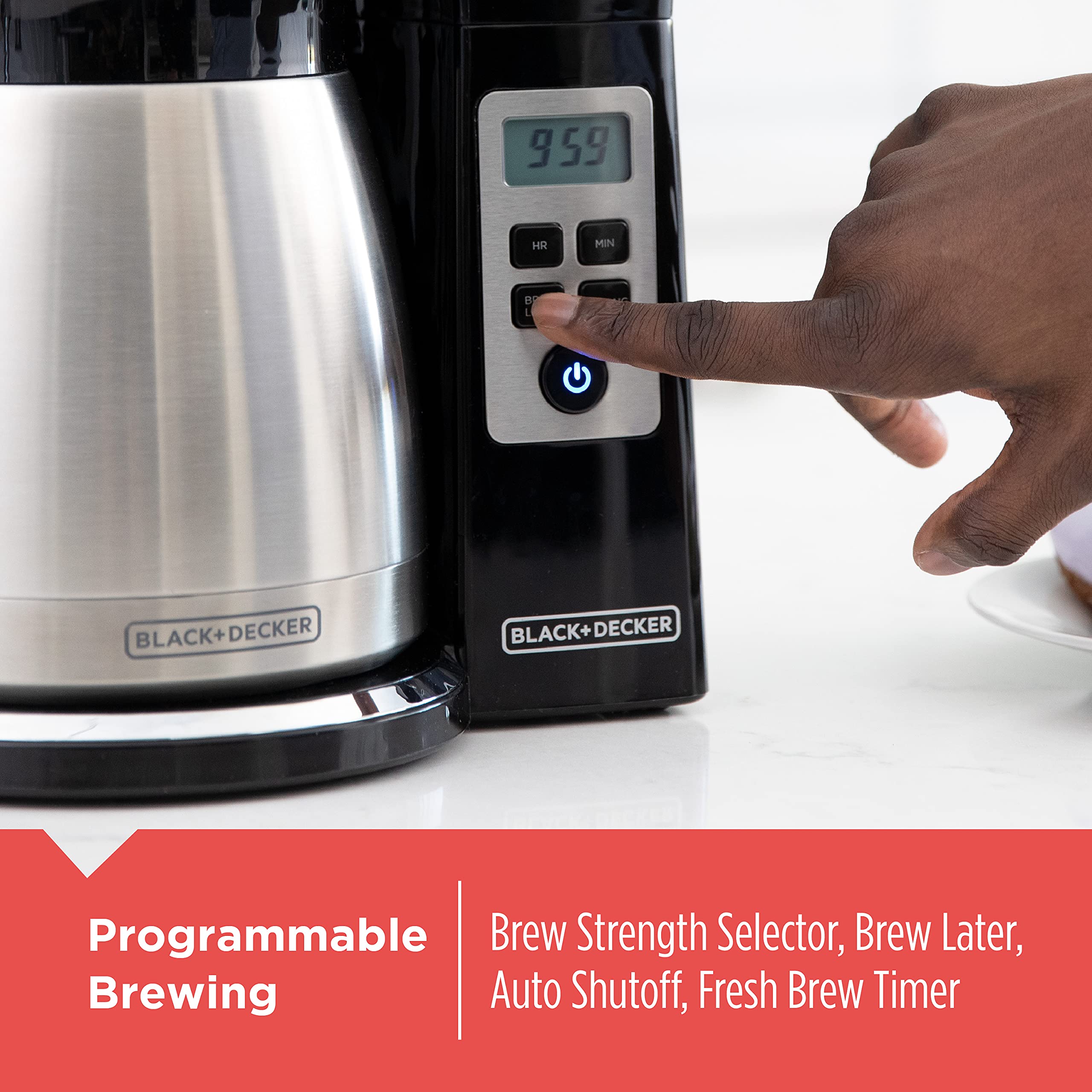 BLACK+DECKER pouring action from carafe with no-drip spout for clean serving