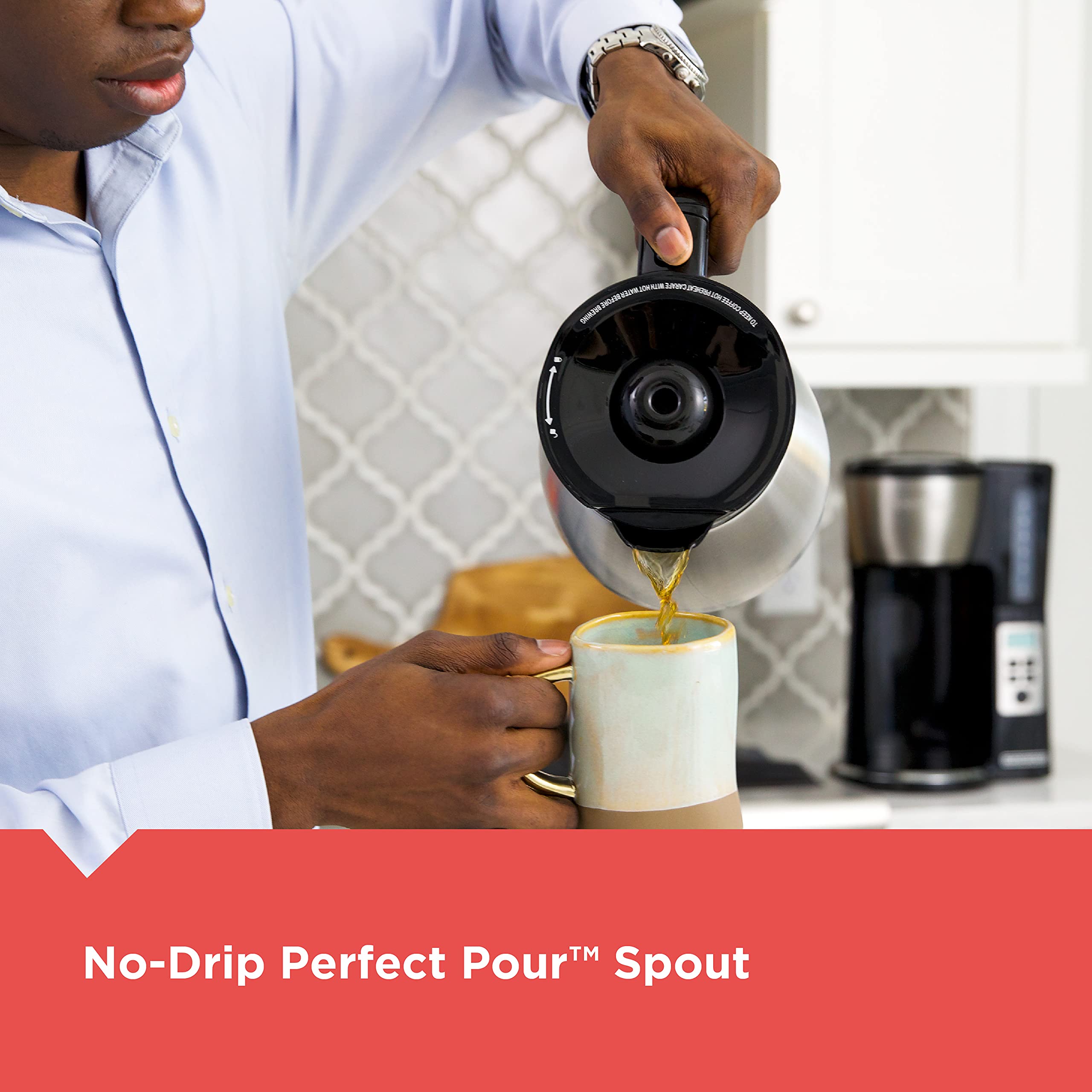 BLACK+DECKER coffee maker next to cups to demonstrate 12-cup capacity and scale