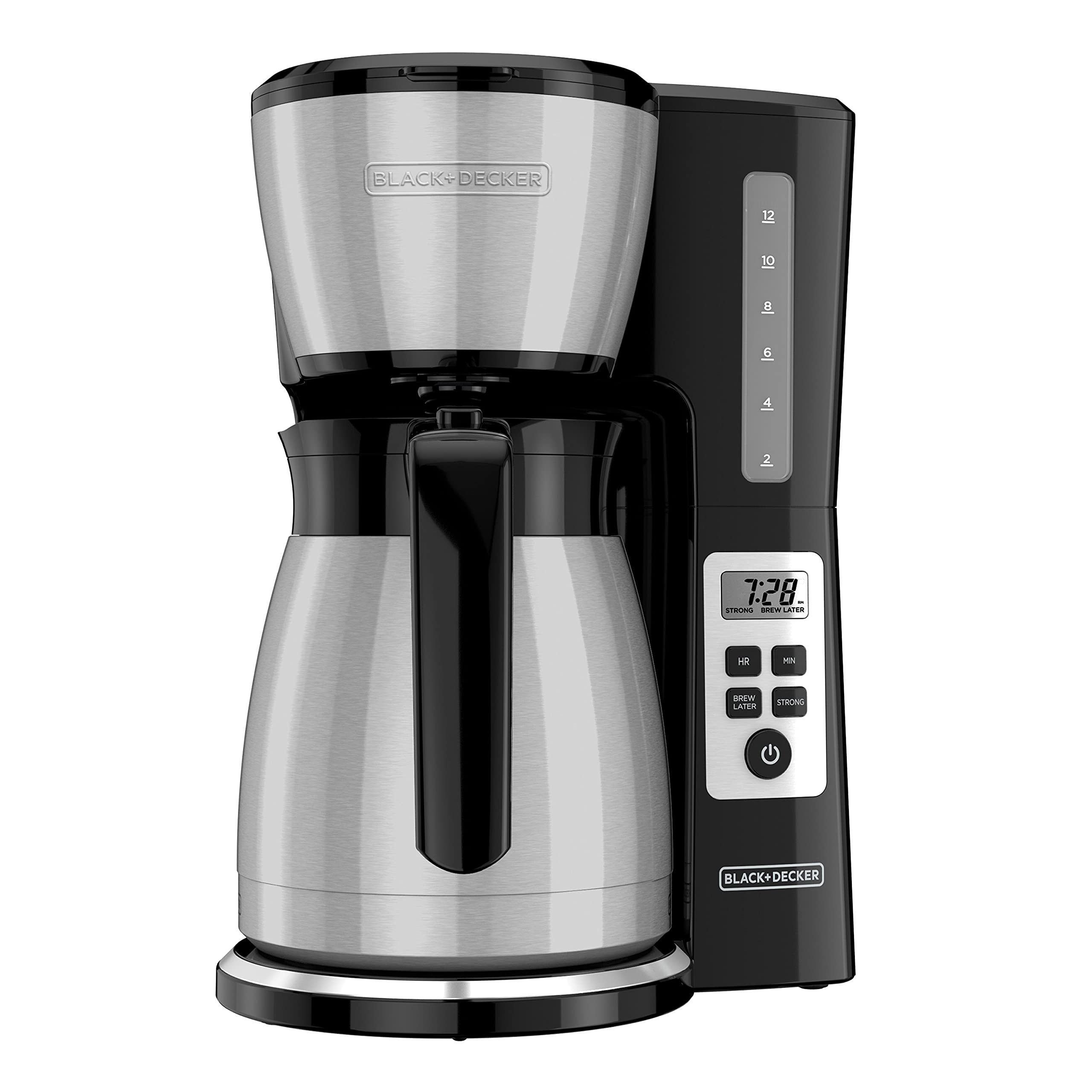 BLACK+DECKER thermal carafe close-up showing four-layer vacuum seal and heat retention
