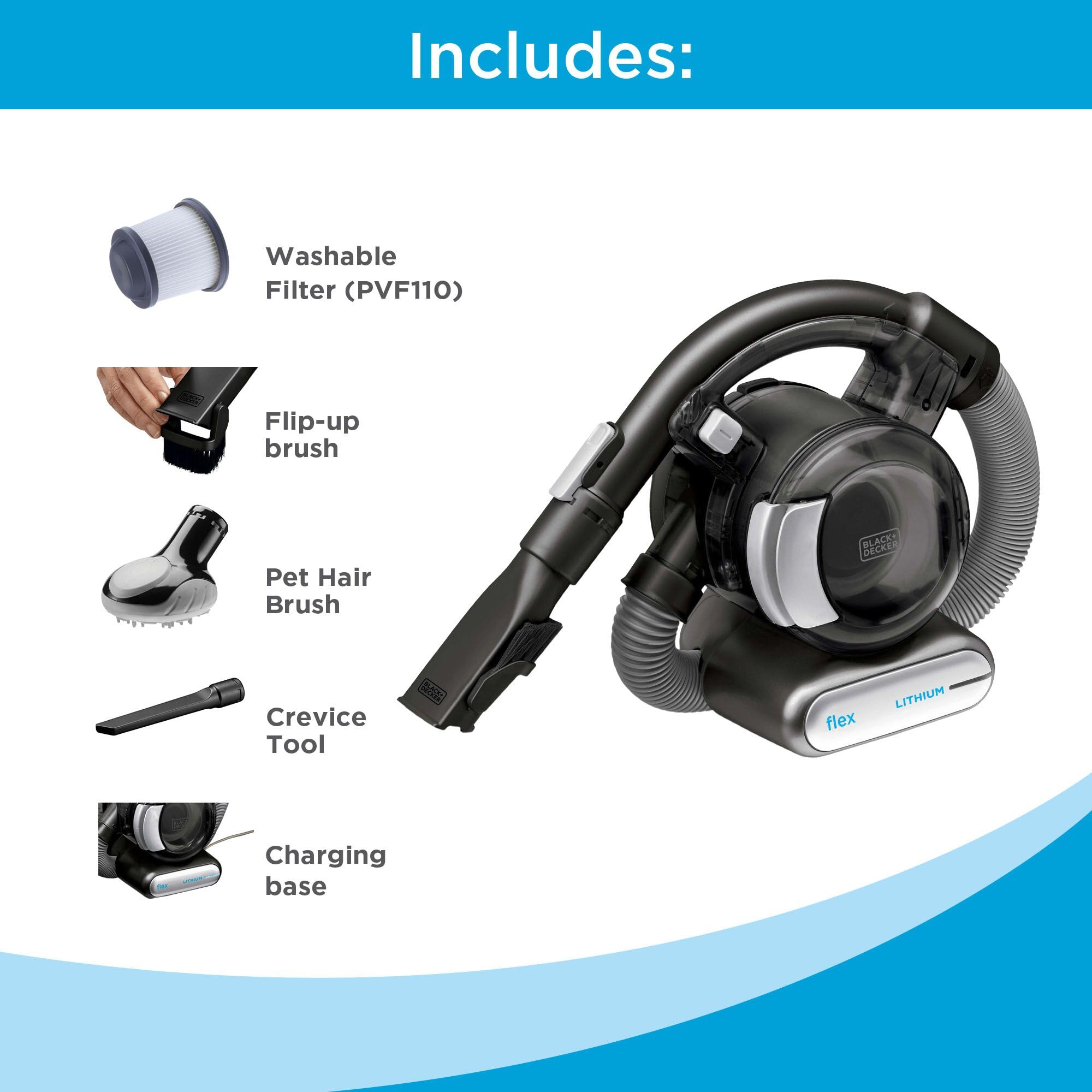 BLACK+DECKER translucent dirt bowl detail for easy emptying and visible fill level