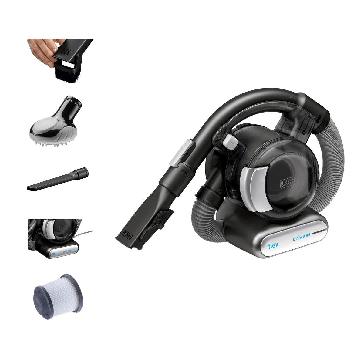 BLACK+DECKER dustbuster FLEX front view showing compact cordless design and portability