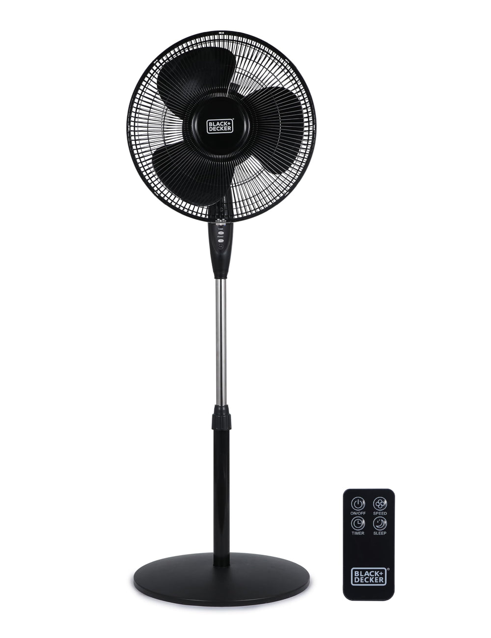 BLACK+DECKER front view pedestal fan showing controls and airflow benefit