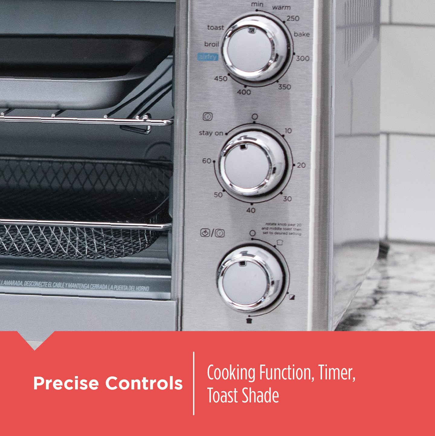 BLACK+DECKER interior rack and bake pan showing adjustable positions for versatility