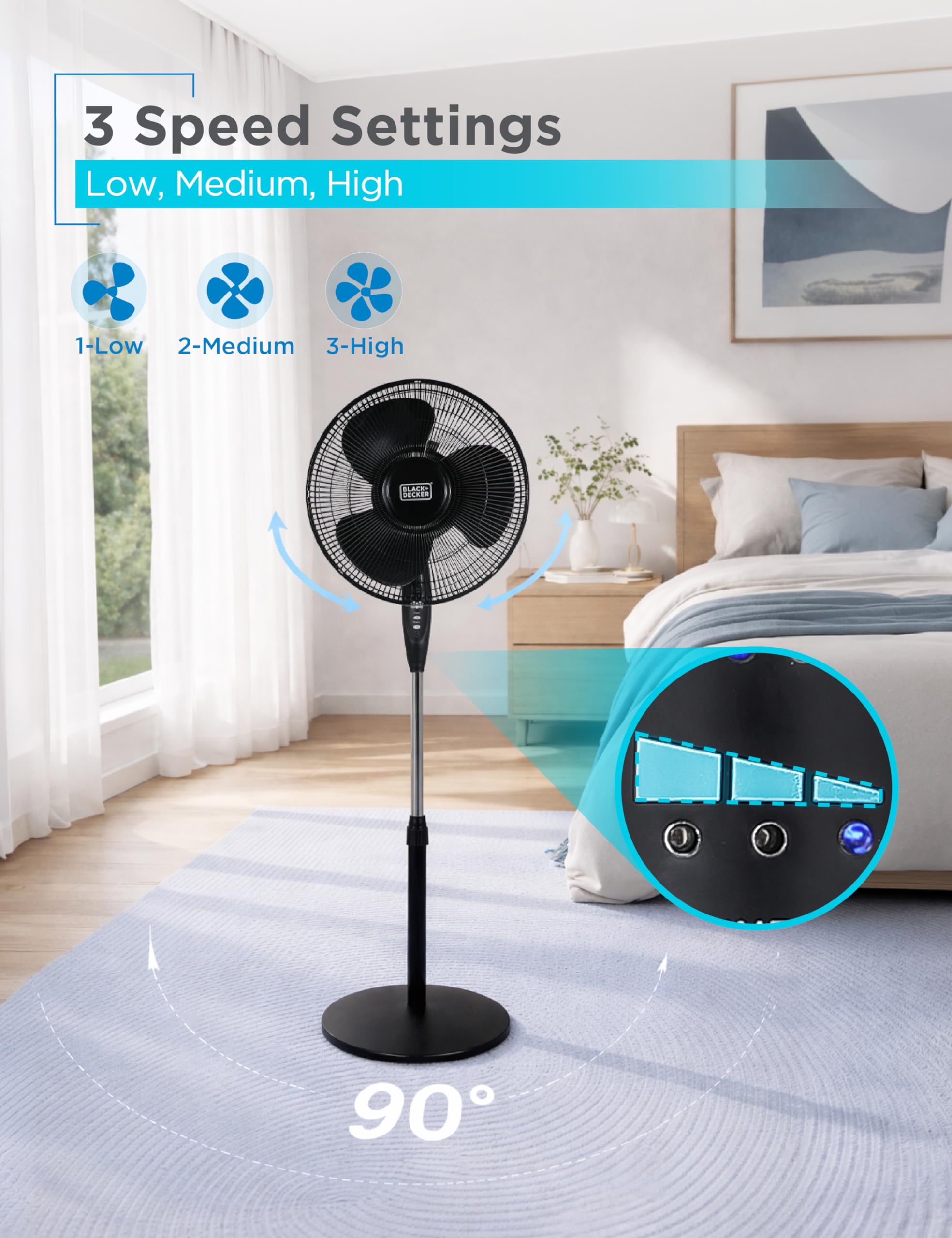 BLACK+DECKER fan oscillating in living room showing even circulation benefit