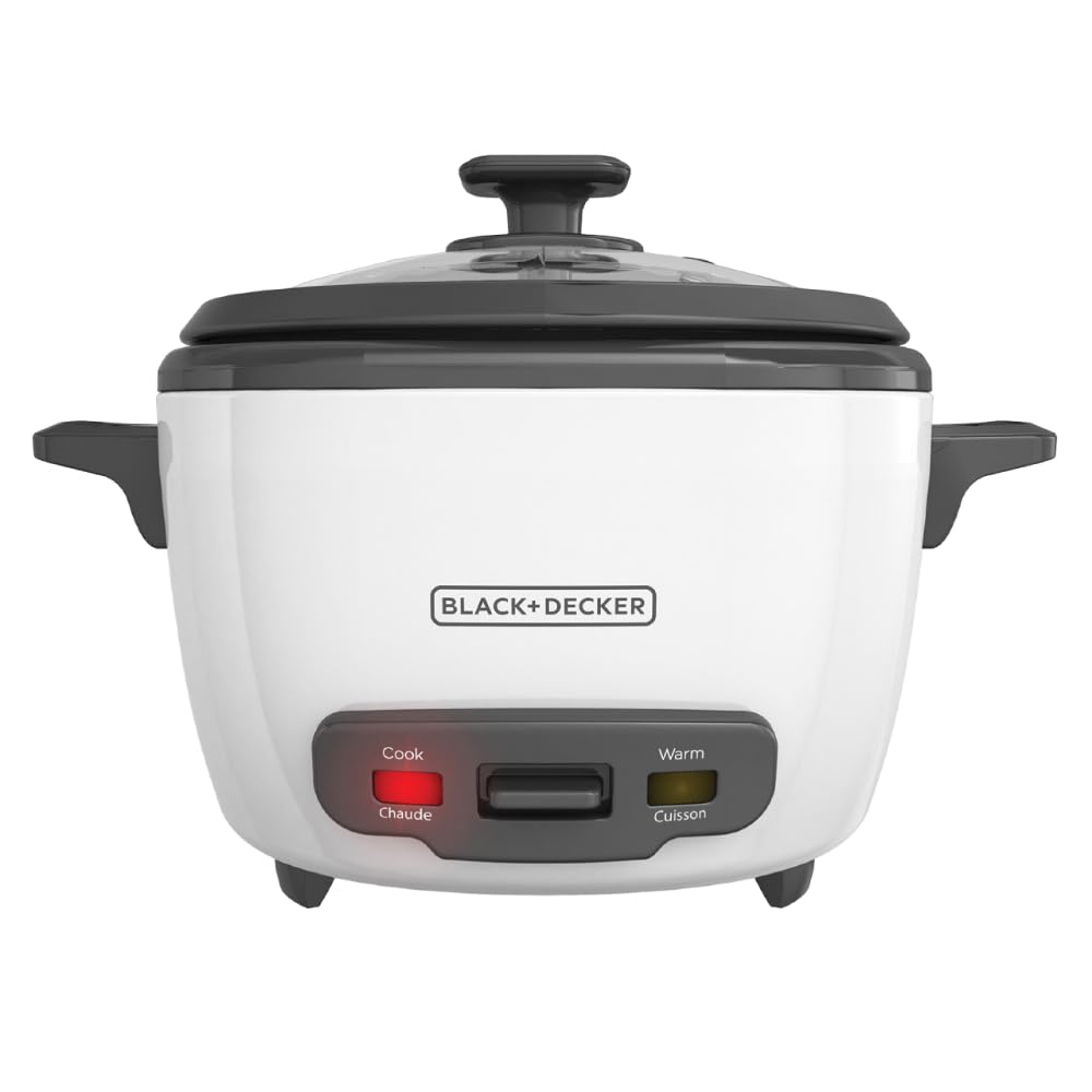 BLACK+DECKER front view of RC516 rice cooker showing controls and capacity benefit