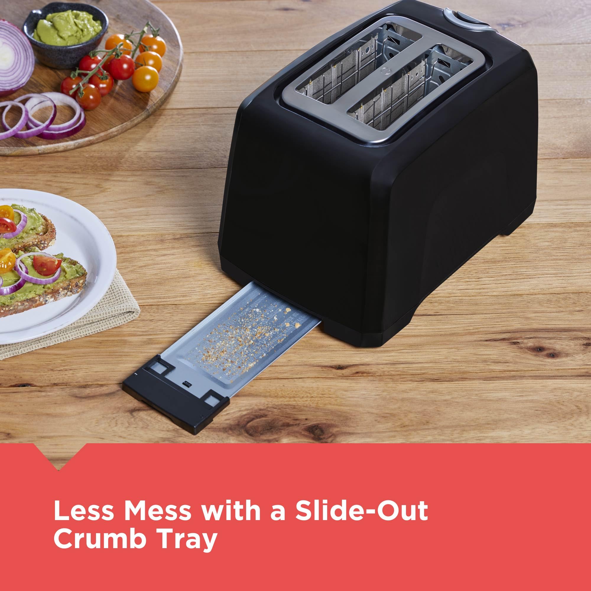 BLACK+DECKER removable crumb tray pulled out for fast, no-mess cleanup