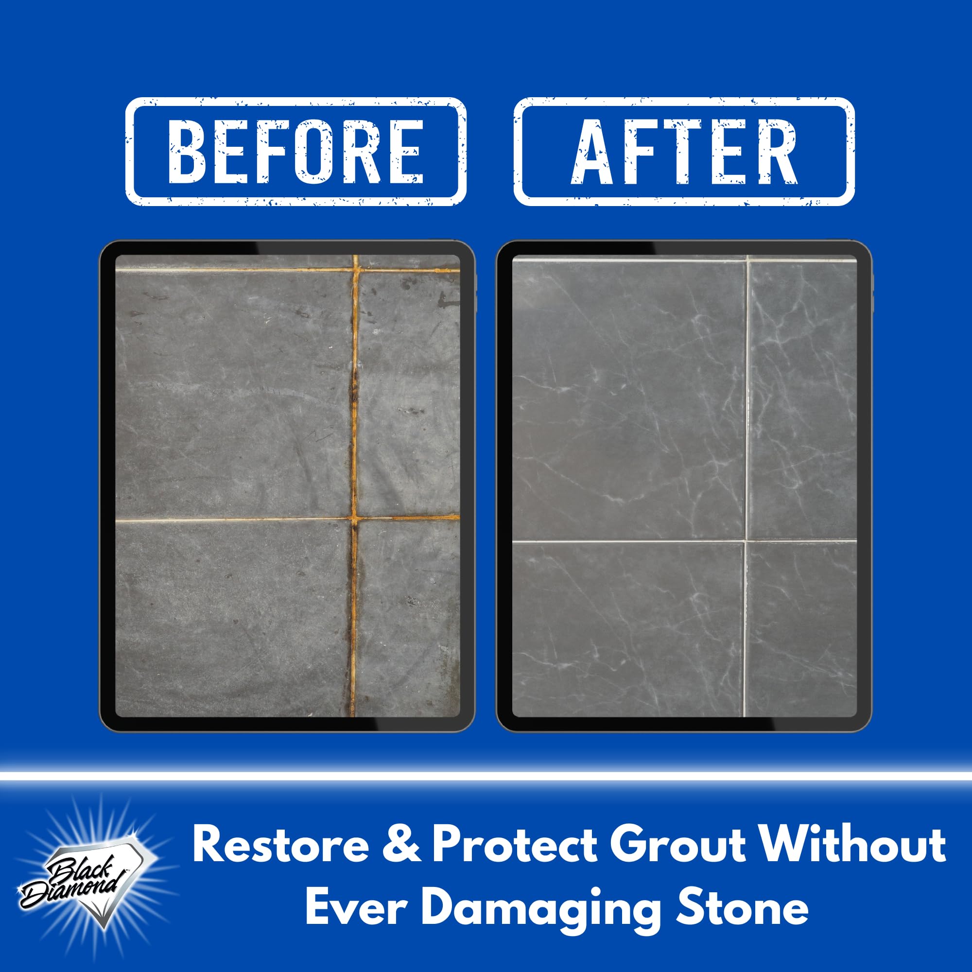 Black Diamond Stoneworks before and after grout restoration showing contrast