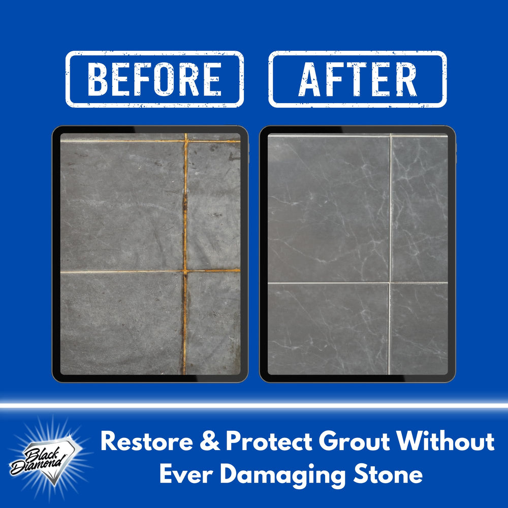 Black Diamond Stoneworks before and after grout restoration showing contrast