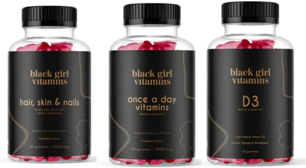 Black Girl Vitamins bundle front view showing three supplement bottles and benefits
