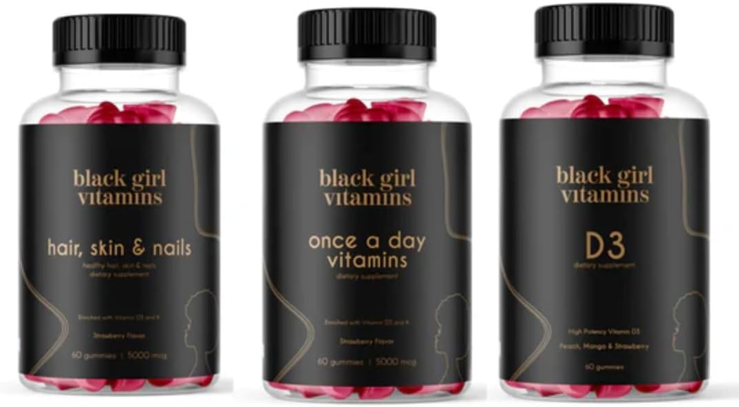 Black Girl Vitamins bundle front view showing three supplement bottles and benefits