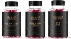 Black Girl Vitamins bundle front view showing three supplement bottles and benefits
