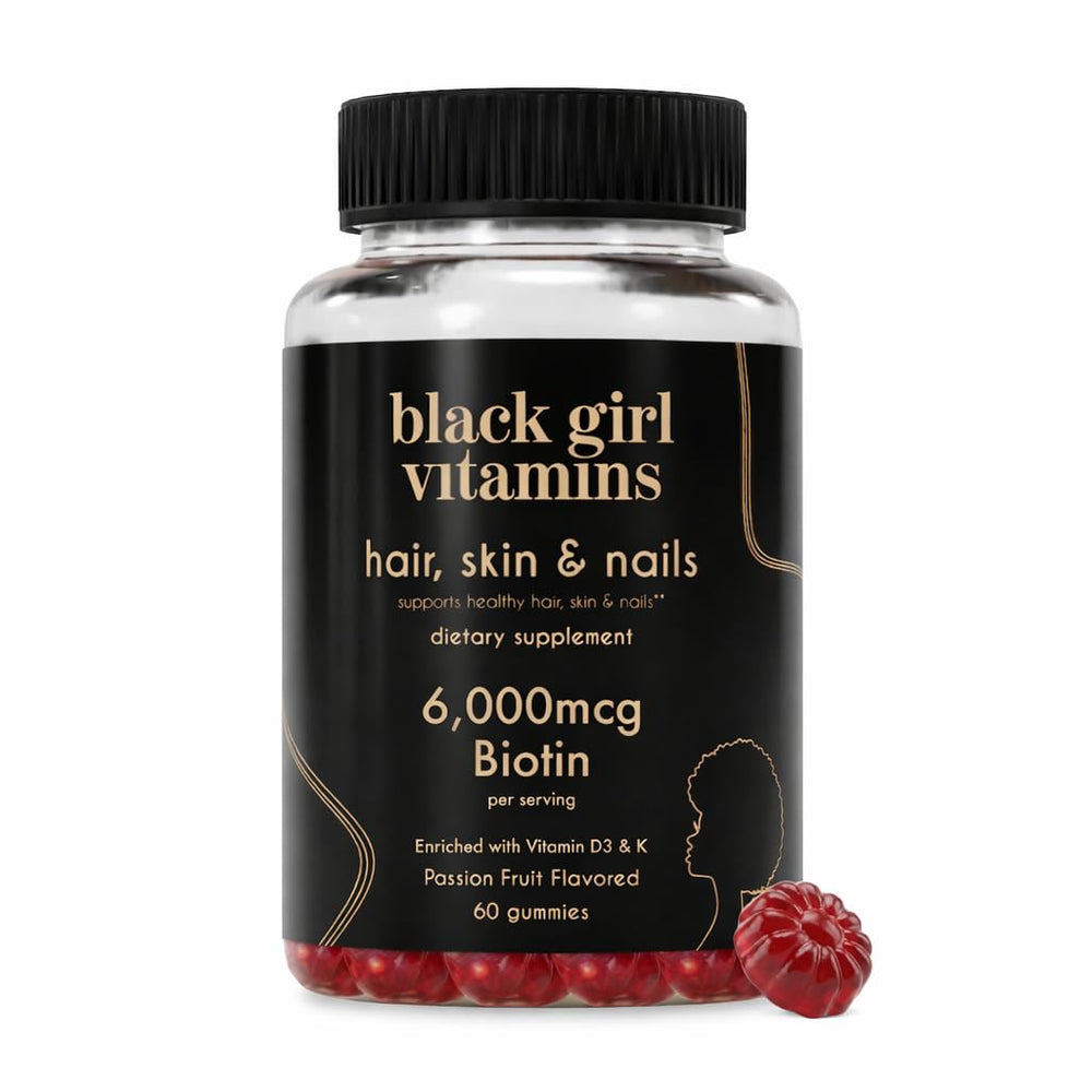 Black Girl Vitamins front packaging showing bottle and passion fruit flavor benefits