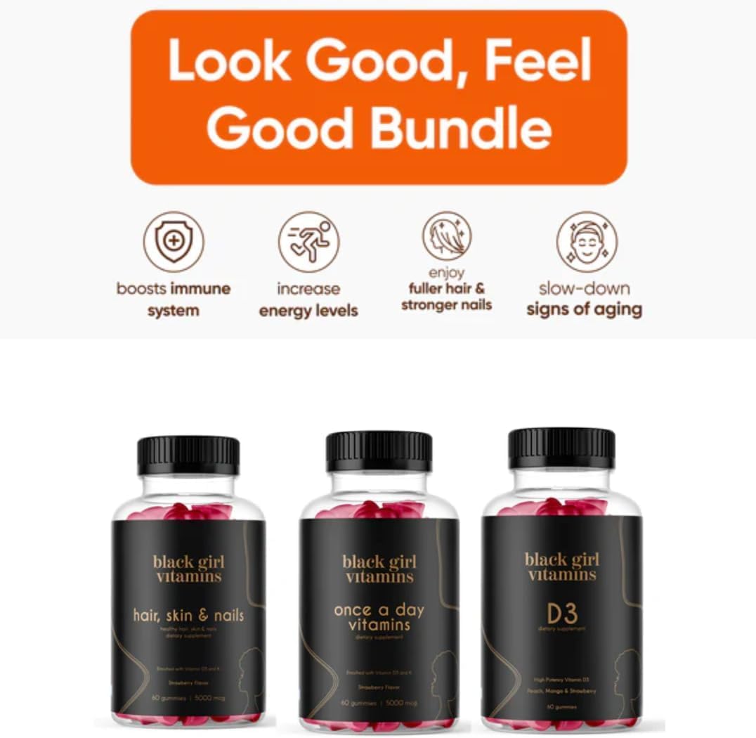 Black Girl Vitamins hair skin nails gummies displayed to illustrate beauty support