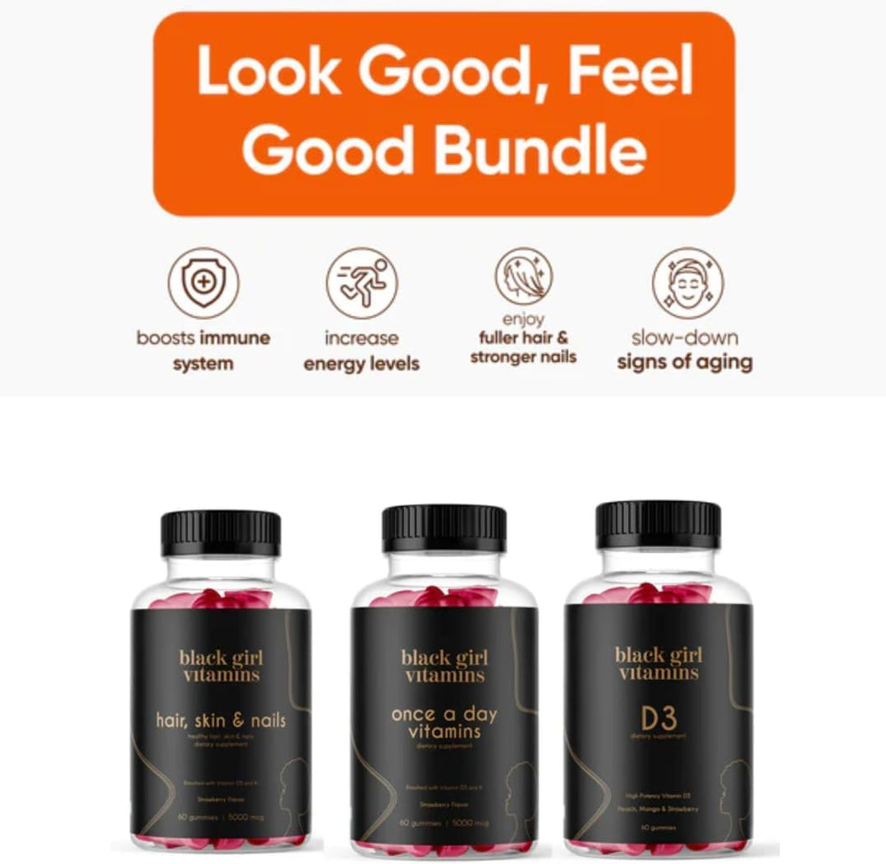 Black Girl Vitamins hair skin nails gummies displayed to illustrate beauty support