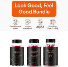 Black Girl Vitamins hair skin nails gummies displayed to illustrate beauty support