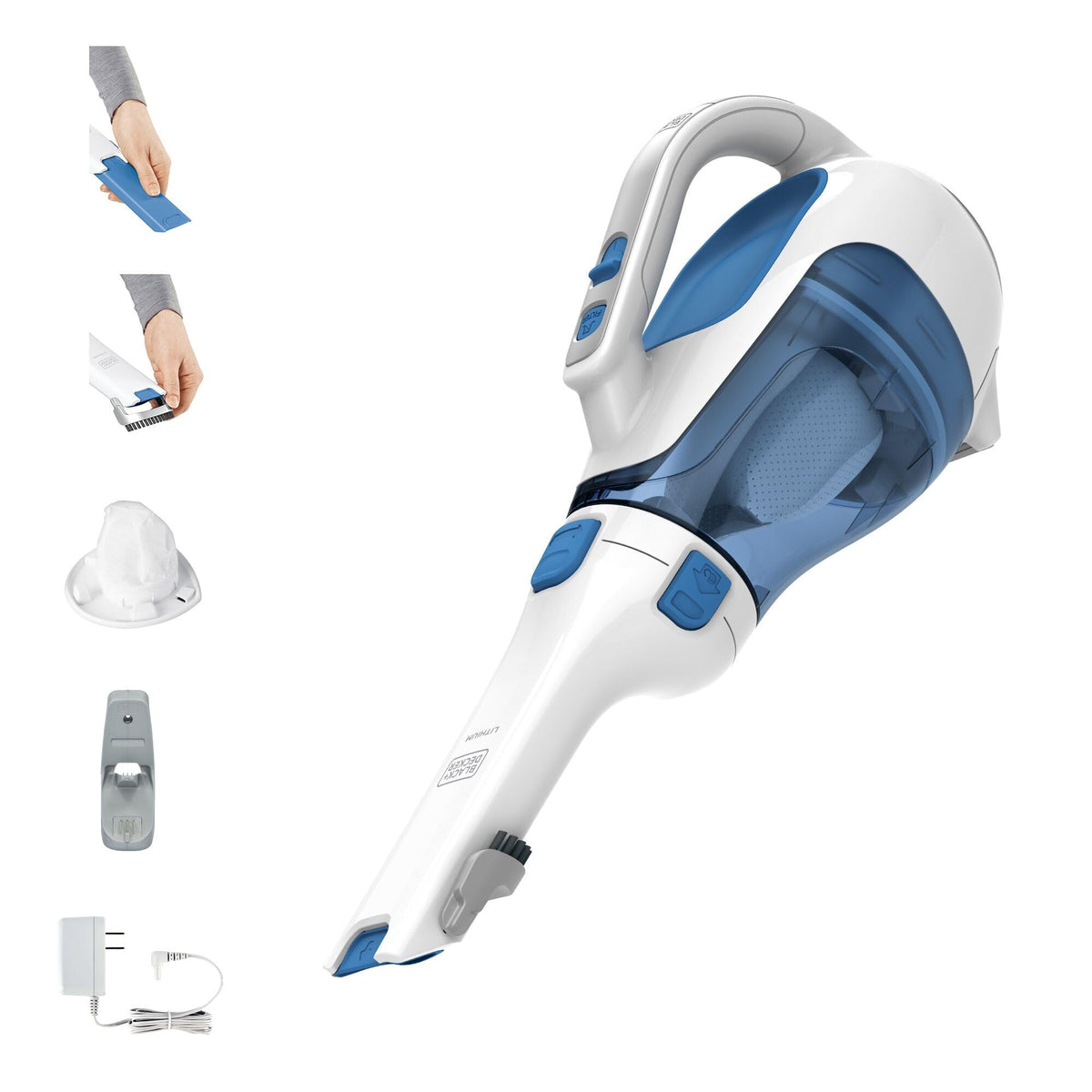 BLACK+DECKER handheld vacuum front view, shows compact portability