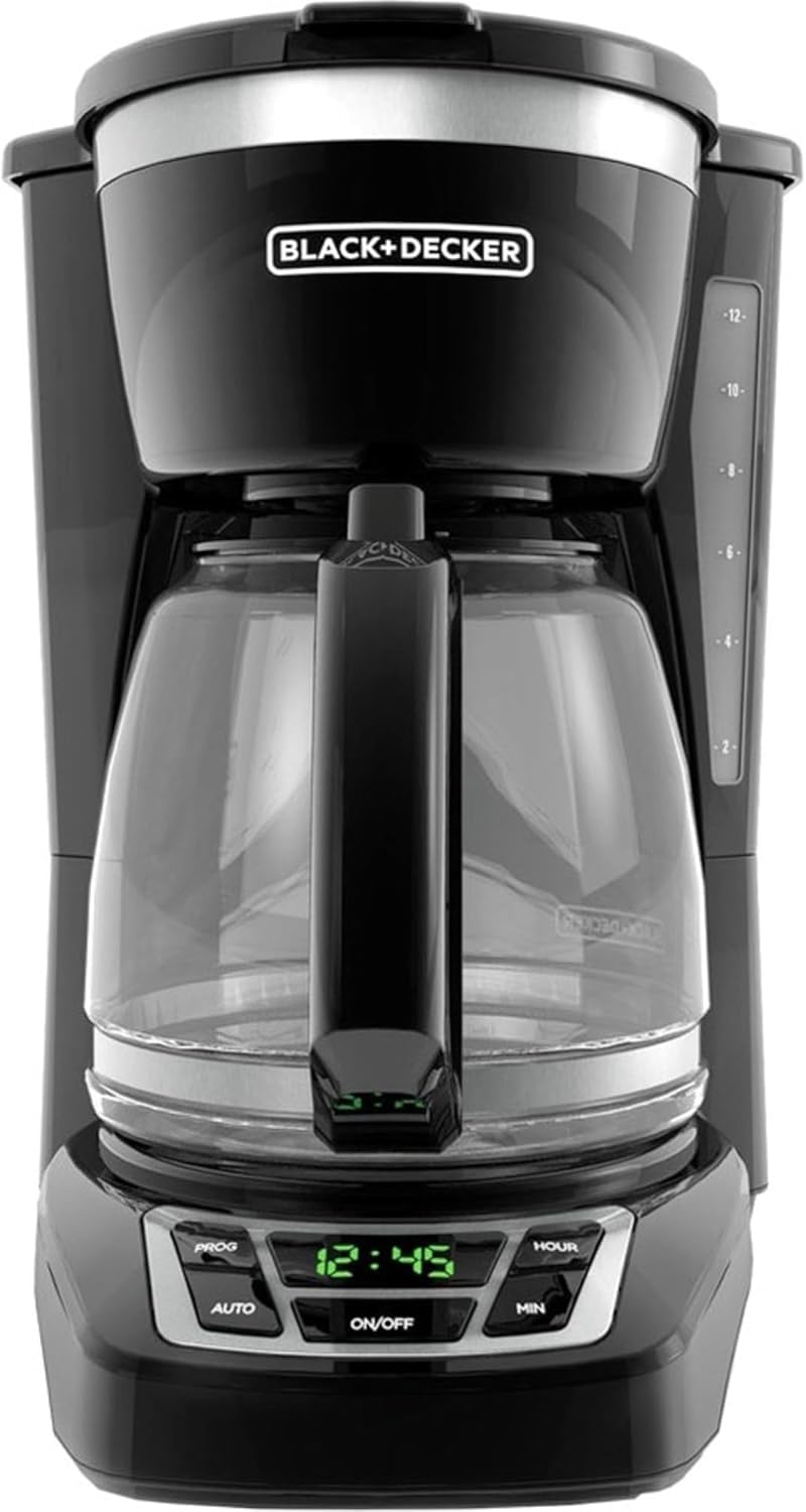 BLACK+DECKER front view of 12-cup brewer showing sleek profile and daily reliability