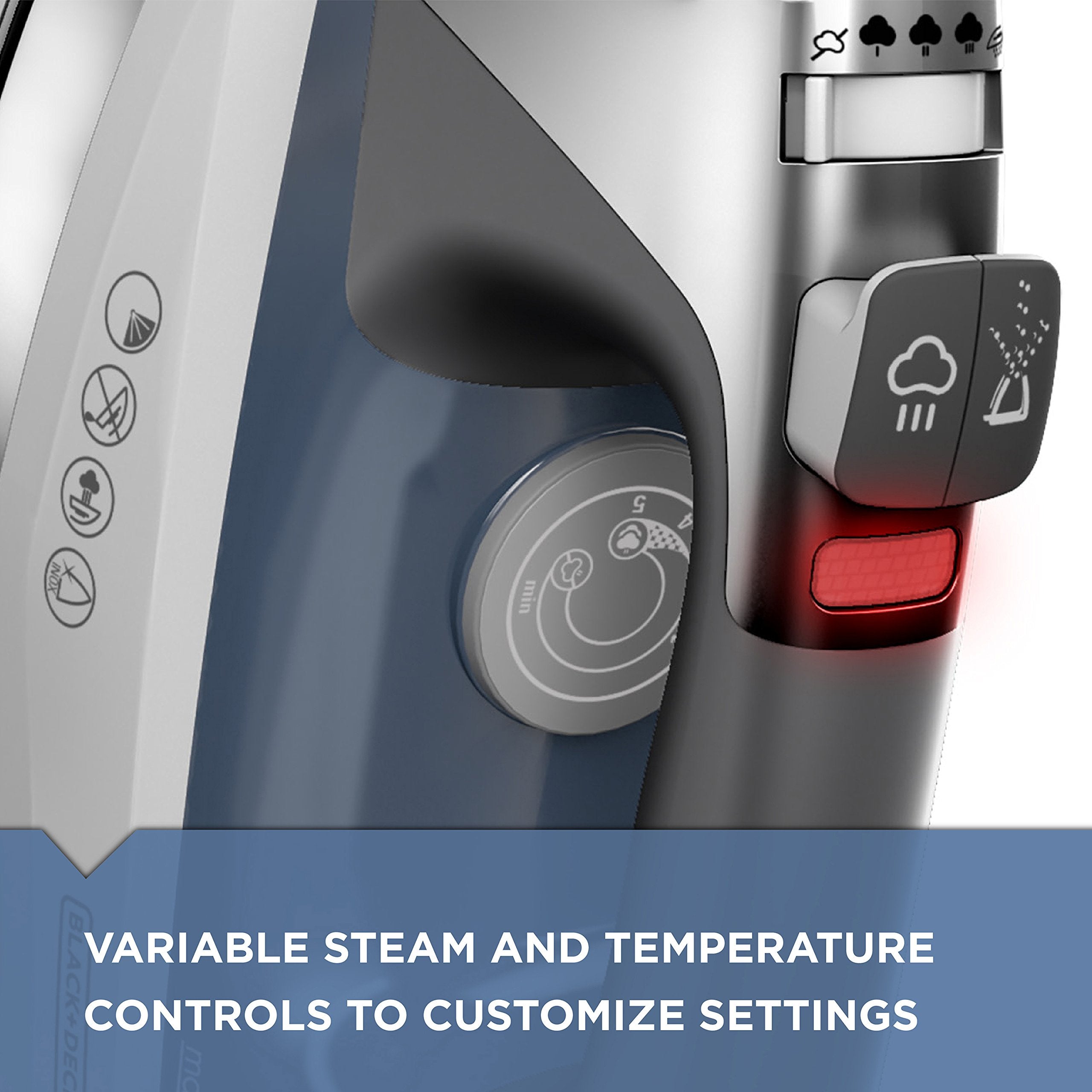 BLACK+DECKER stainless steel soleplate close-up for smooth glide benefit