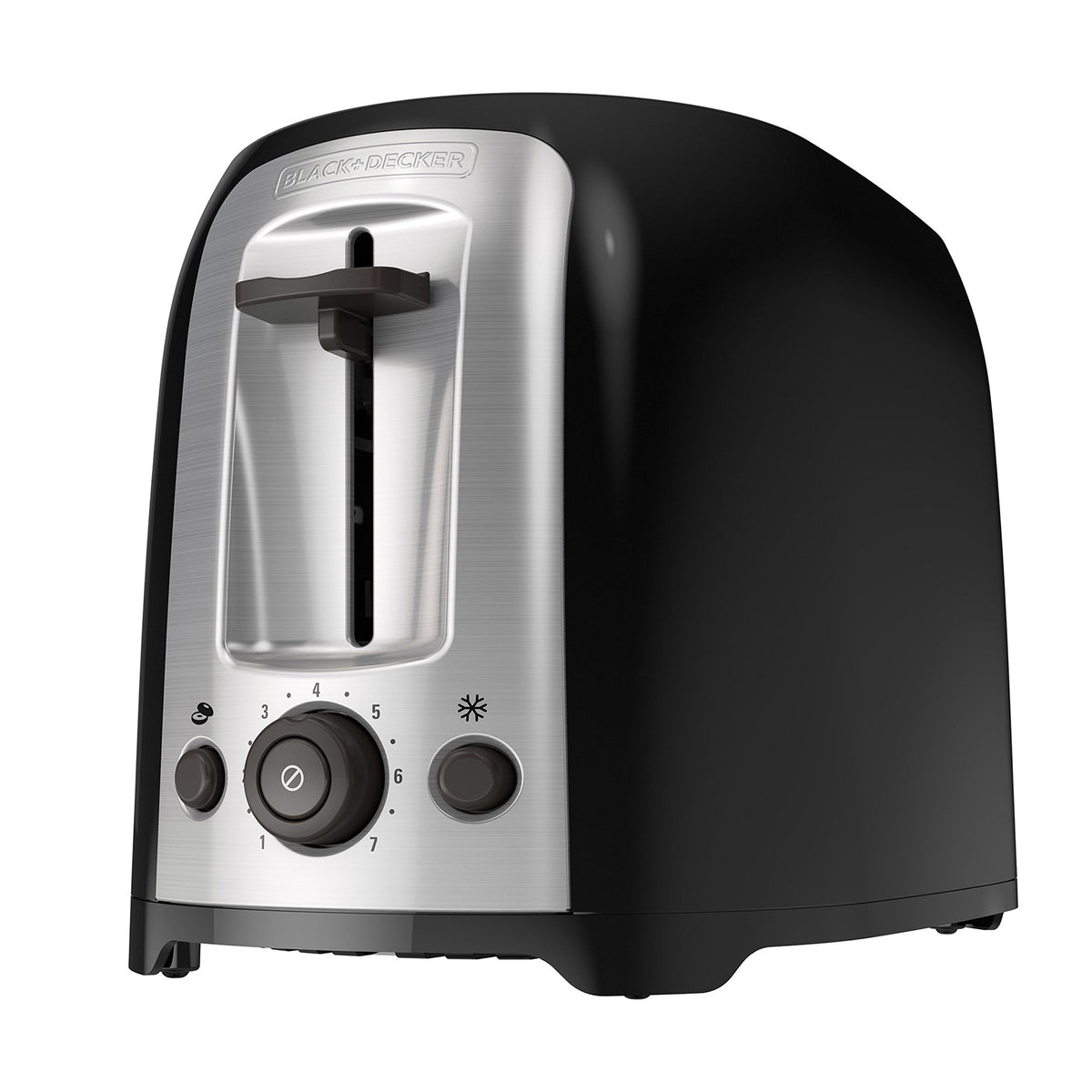 BLACK+DECKER front view of compact 2-slice toaster showing sleek finish and benefits