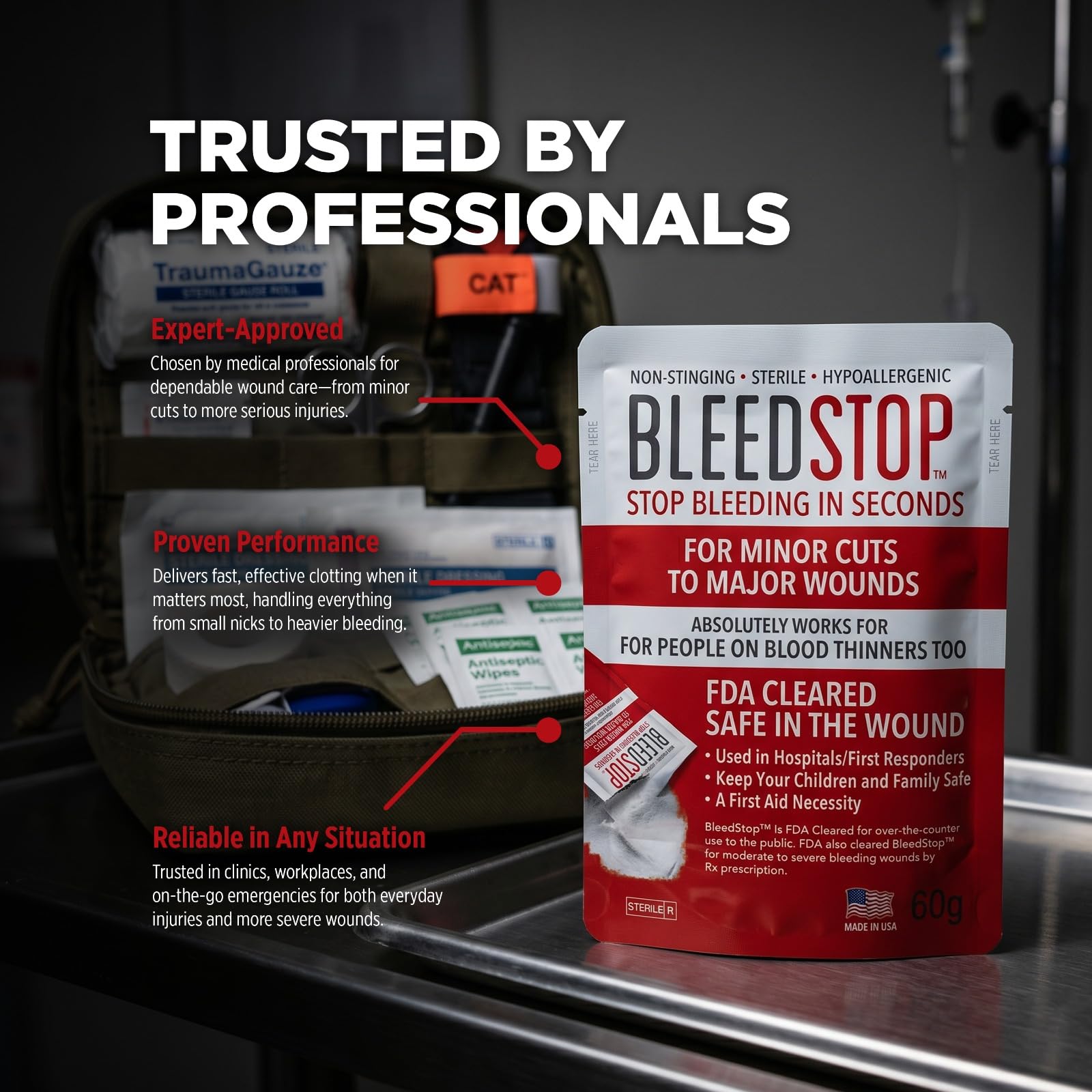 BleedStop being poured onto gauze during a simulated wound treatment to show straightforward application