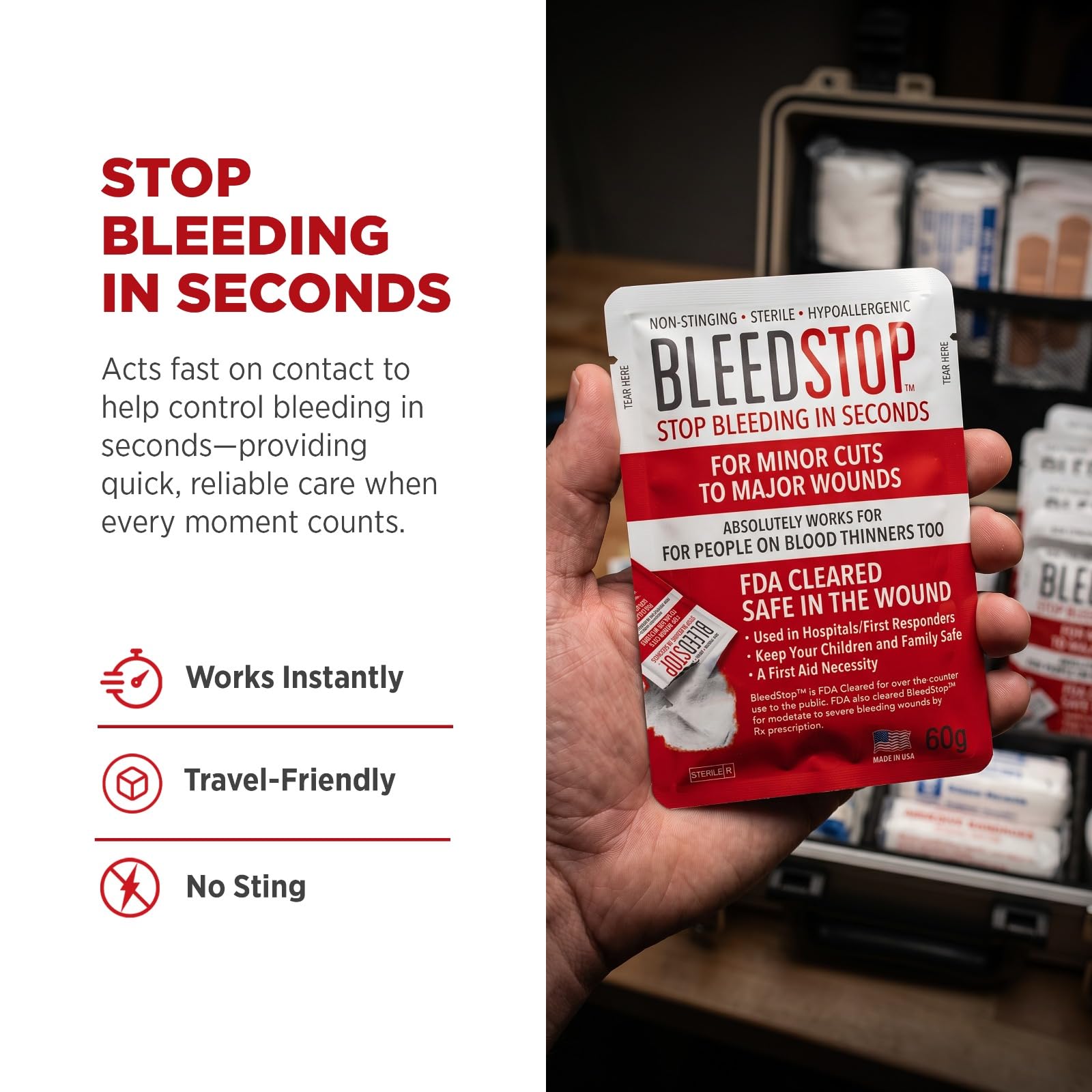 BleedStop powder applied in hand, quick wound stabilization