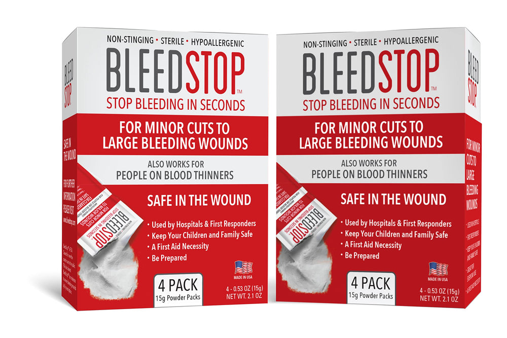 BleedStop front view of double 4 pack showing packets and branding for quick identification and readiness