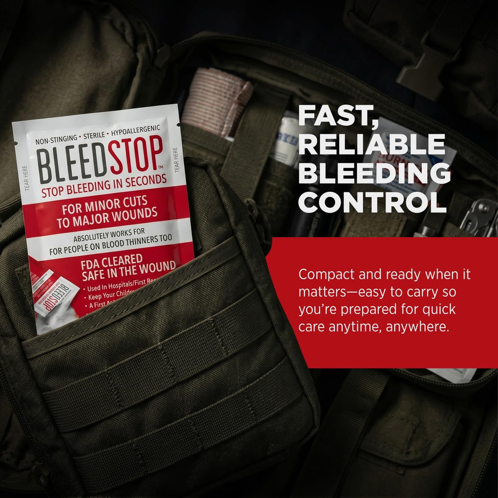 BleedStop packet beside credit card, compact and travel-friendly